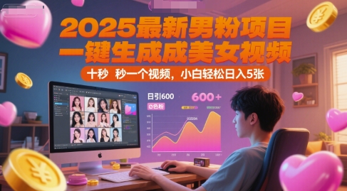 2025最新男粉项目，一键生成美女视频，日引600+色粉 十秒一个视频，小白轻松日入5张【揭秘】-路子网