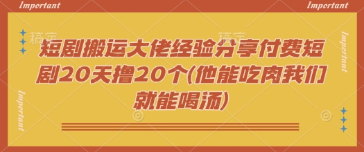 短剧搬运大佬经验分享付费短剧20天撸20个(他能吃肉我们就能喝汤)-路子网