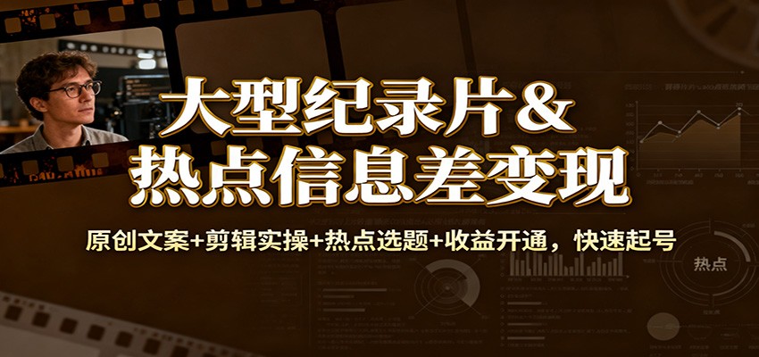 大型纪录片&热点信息差变现：原创文案+剪辑实操+热点选题+收益开通，快速起号-路子网