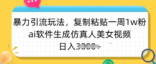 暴力引流玩法，复制粘贴一周1w粉，ai软件生成仿真人美女视频，日入多张-路子网