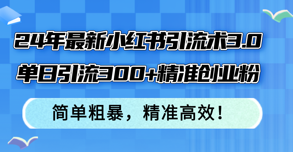 24年最新小红书引流术3.0，单日引流300+精准创业粉，简单粗暴，精准高效！-路子网