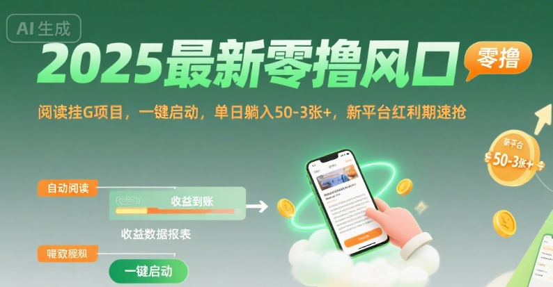 2025最新零撸风口，阅读挂G项目，一键启动，单日躺入 50-3张+，新平台红利期速抢【揭秘】-路子网