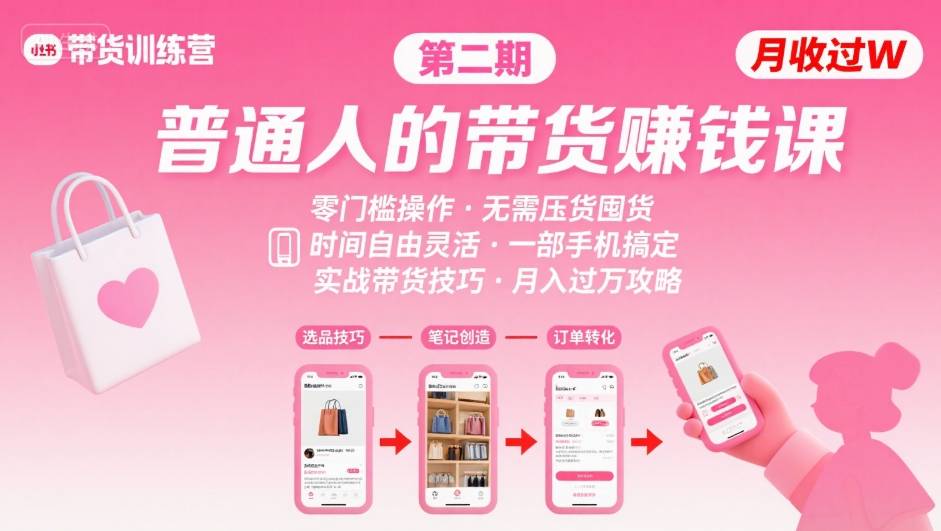 小红书带货第二期训练营，普通人月收过W的带货课，时间自由，零门槛无压货，一部手机即可操作-路子网