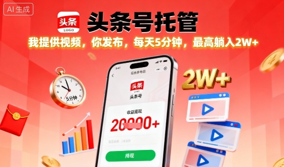 【头条号托管】我提供视频，你发布，每天5分钟，最高躺入2W+【揭秘】-路子网
