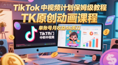 TikTok中视频计划保姆级教程，TK原创动画课程，单账号月收益4k美刀-路子网