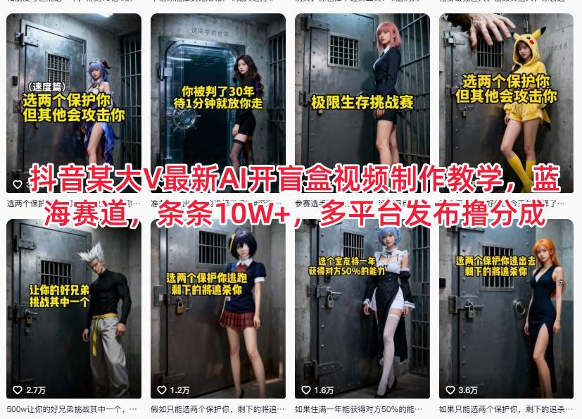 抖音某大V最新AI开盲盒视频制作教学，蓝海赛道，条条10W+，多平台发布撸分成-路子网