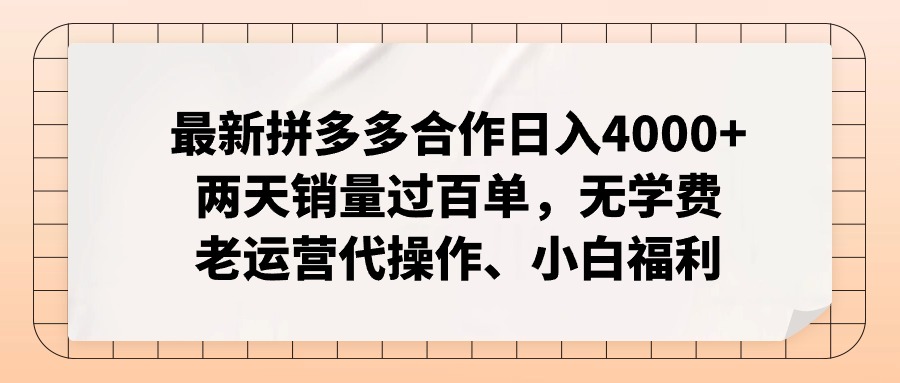 拼多多最新合作日入4000+两天销量过百单，无学费、老运营代操作、小白福利-路子网