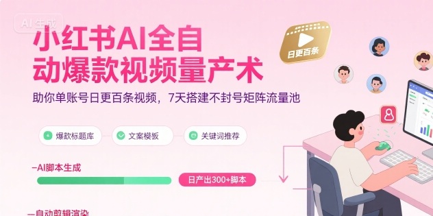 小红书AI全自动爆款视频量产术，助你单账号日更百条视频，7天搭建不封号矩阵流量池-路子网