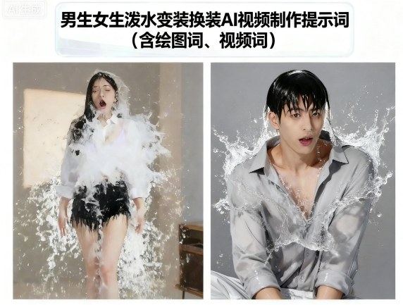 男生女生泼水变装换装AI视频制作提示词(含绘图词、视频词)-路子网