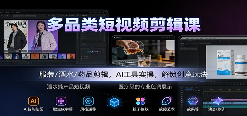 多品类短视频剪辑课:服装/酒水/药品剪辑,AI工具实操,解锁创意玩法-路子网