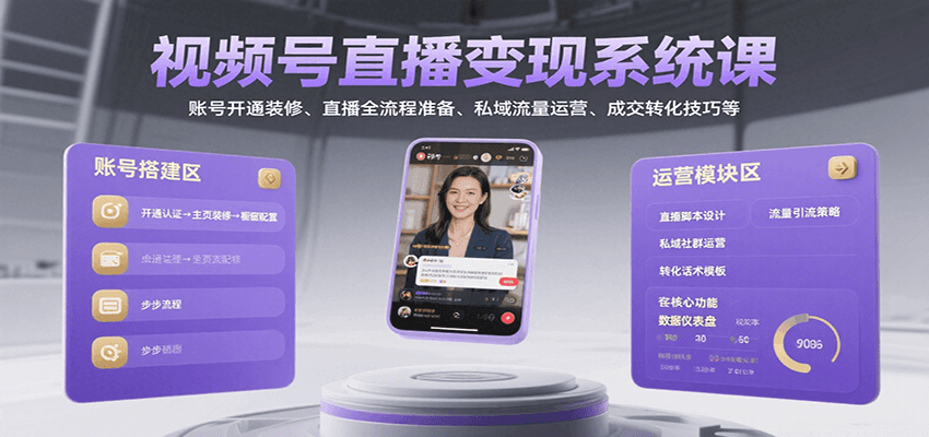 视频号直播变现系统课，账号开通装修、直播全流程准备、私域流量运营、成交转化技巧等-路子网