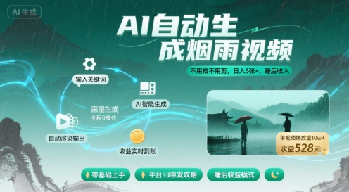 不用拍不用剪！AI自动生成烟雨视频，日入5张+，睡后收入-路子网