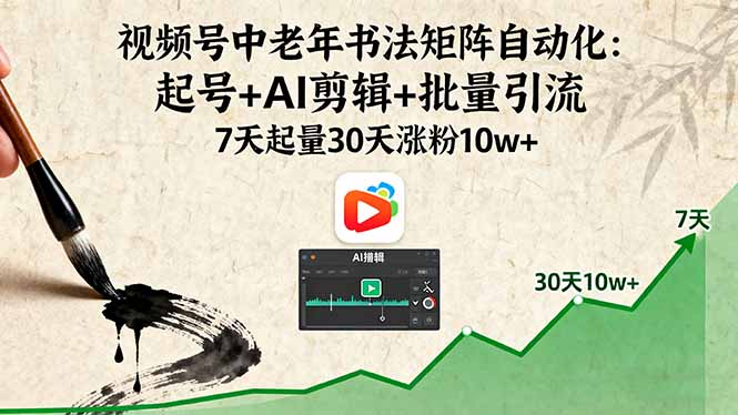视频号中老年书法矩阵自动化：起号+AI剪辑+批量引流 7天起量30天涨粉10w+-路子网