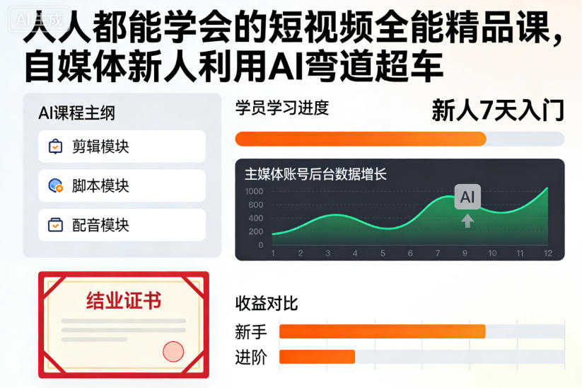 人人都能学会的短视频全能精品课，自媒体新人利用AI弯道超车-路子网