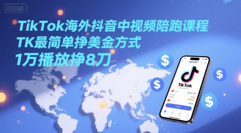 TikTok海外抖音中视频陪跑课程，TK最简单挣美金方式，1万播放挣8刀-路子网