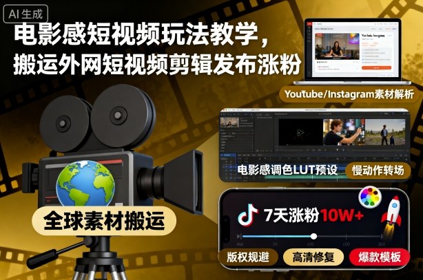 电影感短视频玩法教学，搬运外网短视频剪辑发布涨粉-路子网