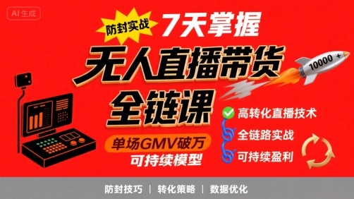 无人直播带货全链防封实战课，7天掌握高转化直播技术，实现单场GMV破万可持续模型-路子网