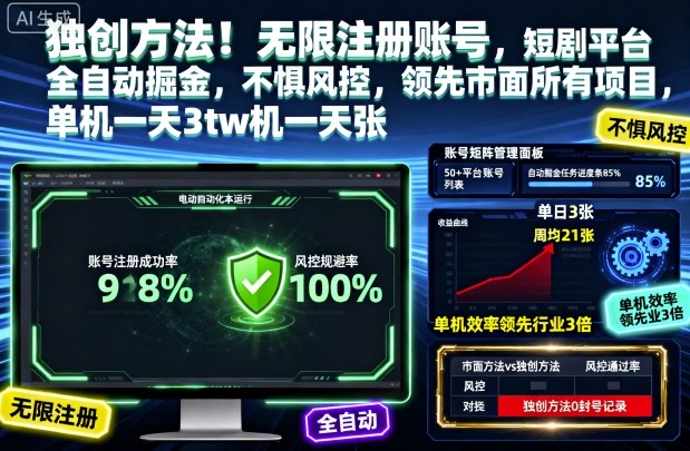独创方法!无限注册账号,短剧平台全自动掘金,不惧风控,领先市面所有项目,单机一天3张【揭秘】-路子网