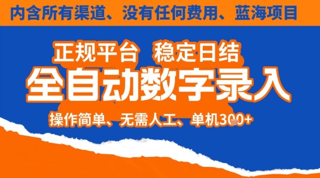全自动数字录入，单机日入3张+，内含所有渠道全程免费零成本，操作简单可矩阵开干【揭秘】-路子网