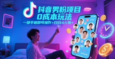 抖音男粉项目0成本玩法，一部手机即可操作，日均4张+，时间自由-路子网