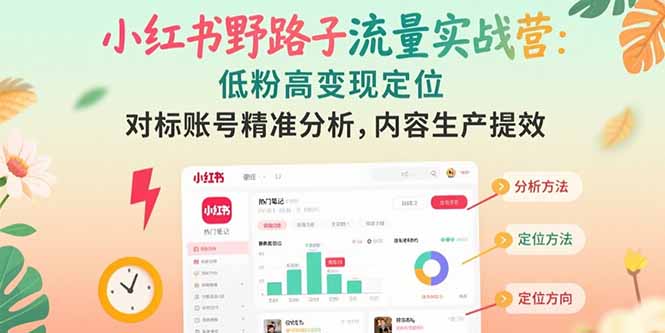 小红书野路子流量实战营：低粉高变现定位 对标账号精准分析 内容生产提效-路子网
