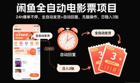 闲鱼全自动电影票项目，24h爆单不停，全自动发货+自动回复，无脑操作，日稳入3张【揭秘】-路子网