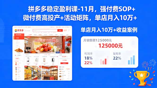 拼多多稳定盈利课-11月，强付费SOP+微付费高投产+活动矩阵，单店月入10万+-路子网