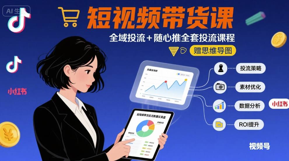 最新短视频带货课，全域投流+随心推全套投流课程+思维导图-路子网