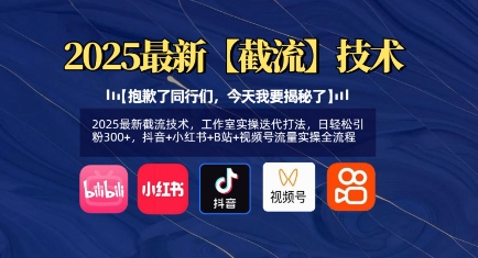 2025最新截流技术，工作室实操迭代打法，日轻松引粉300+，抖音+小红书+B站+视频号流量实操全流程-路子网