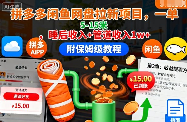 拼多多闲鱼网盘拉新项目，一单5-15米，睡后收入+管道收入1w+(附保姆级教程)-路子网