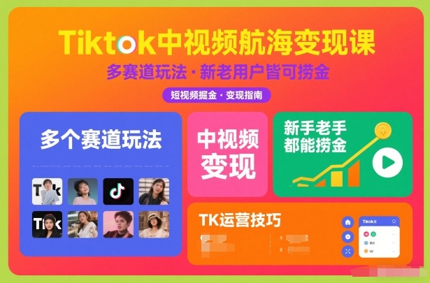 Tiktok中视频航海变现课，多个赛道玩法，新手老手都能在TK中视频捞金-路子网