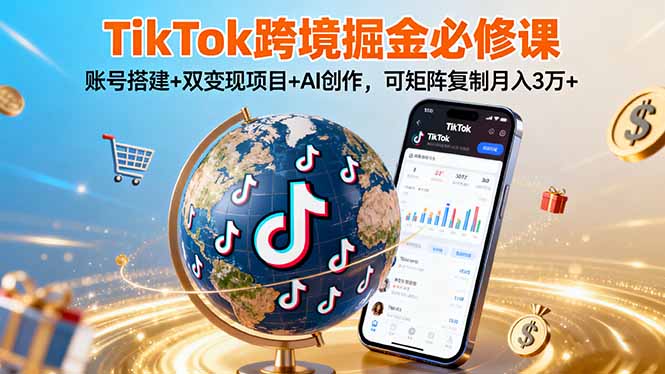 TikTo跨境掘金必修课，账号搭建+双变现项目+AI创作，可矩阵复制月入3万+-路子网