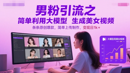 男粉引流之简单利用大模型生成美女视频，条条原创爆款，简单上传制作，变现日1k+-路子网