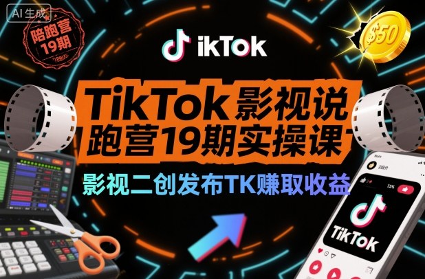 TikTok影视解说陪跑营19期实操课，影视二创发布TK賺取收益，万播收益50美金-路子网