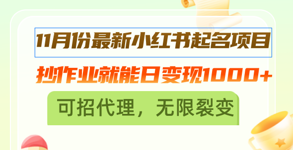 11月份最新小红书起名项目，抄作业就能日变现1000+，可招代理，无限裂变-路子网