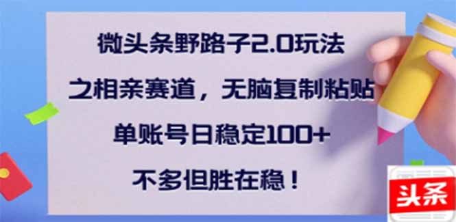 微头条野路子2.0玩法之相亲赛道，无脑搬砖复制粘贴，单账号日稳定300+…-路子网