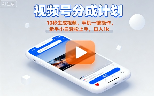 视频号分成计划懒人玩法，10秒生成视频，手机一键操作，新手小白轻松上手，日入1K【揭秘】-路子网