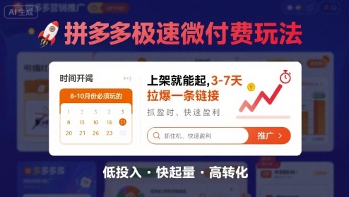 8月26号拼多多极速微付费玩法，8-10月份必须玩的，上架就能起，3-7天拉爆一条链接-路子网