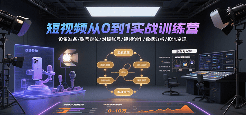 短视频从0到1实战训练营：设备准备/账号定位/对标账号/视频创作/数据分析/投流变现-路子网