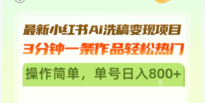 最新小红书Ai洗稿变现项目 3分钟一条作品轻松热门 操作简单，单号日入800+-路子网