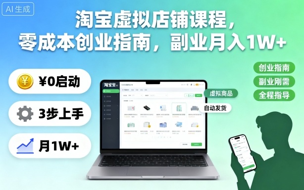 淘宝虚拟店铺课程，零成本创业指南，副业月入1W+-路子网