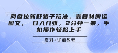 网盘拉新野路子玩法，靠复制搬运图文， 日入几张，2分钟一条，手机操作轻松上手-路子网