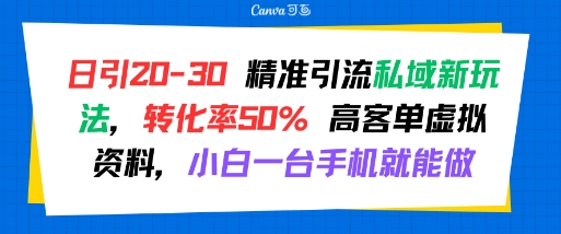 日引 20-30 精准引流私域新玩法，转化率50% 高客单虚拟资料，小白一台手机就能做-路子网