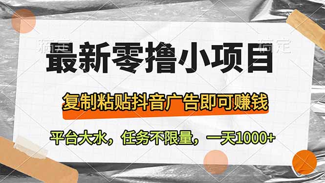 最新零撸小项目，复制粘贴抖音广告即可赚钱，平台大水，任务不限量，一…-路子网