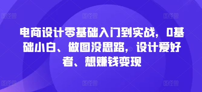电商设计零基础入门到实战，0基础小白、做图没思路，设计爱好者、想赚钱变现-路子网