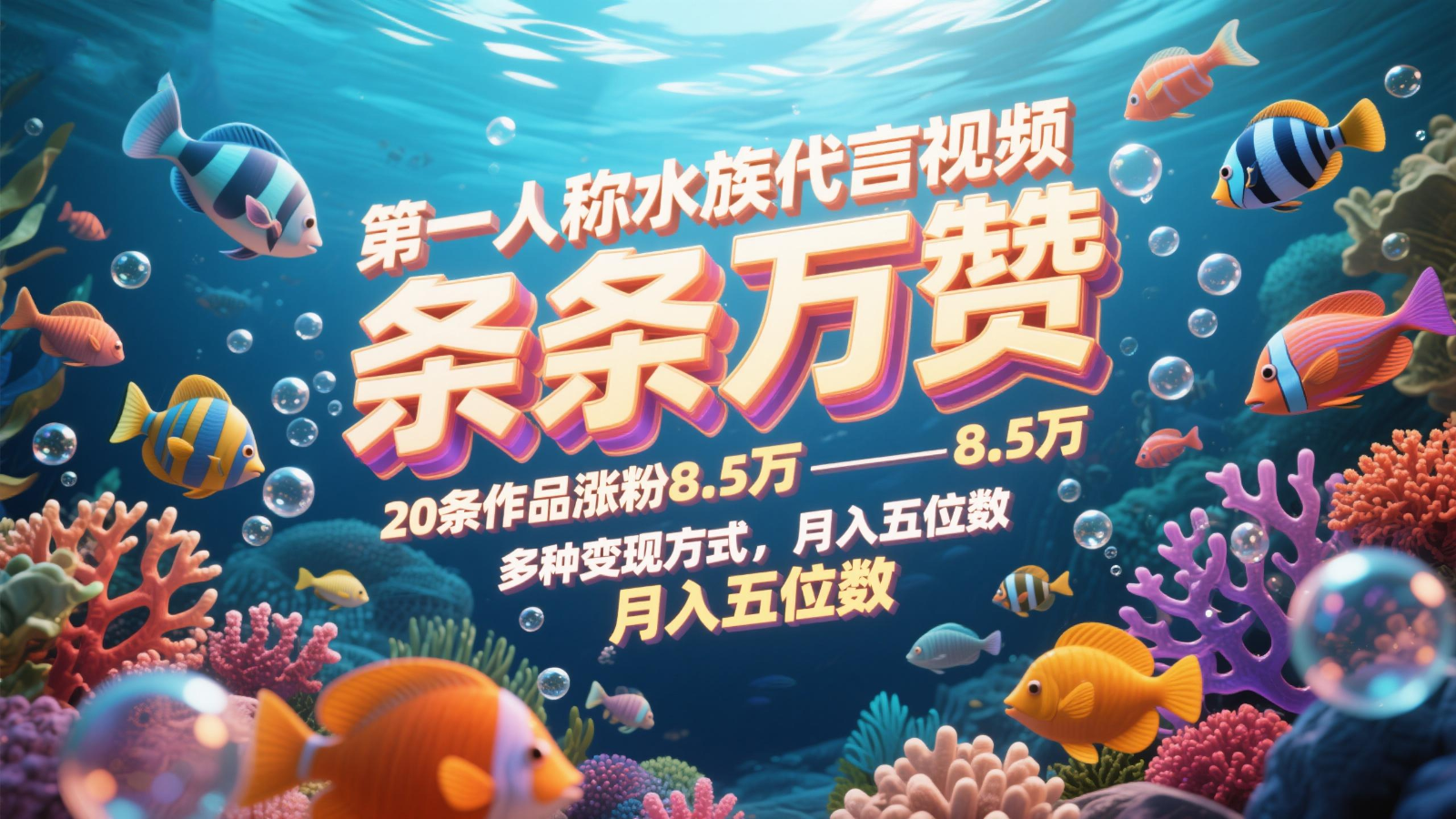 第一人称水族代言视频，条条万赞，20条作品涨粉8.5万，多种变现方式月，入五位数-路子网