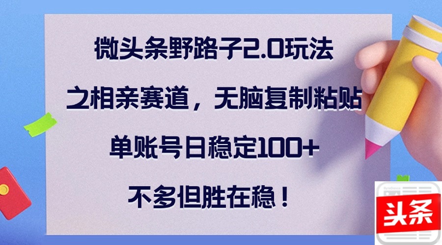微头条野路子2.0玩法之相亲赛道，无脑复制粘贴，单账号日稳定100+，不…-路子网