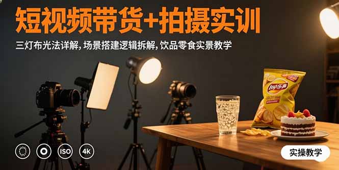 短视频带货+拍摄实训：三灯布光法详解,场景搭建逻辑拆解,饮品零食实景教学-路子网