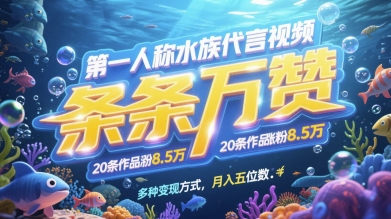 第一人称水族代言视频，条条万赞，20条作品涨粉7.8W，多种变现方式月入五位数-路子网